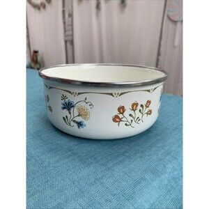 Vintage JC Penny Kobe Bowl Enameled Steel Silver Rim 5.75” Diameter Floral
